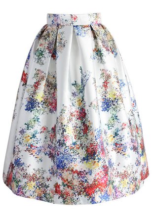 skirt, pixel flowers midi skirt in pearl-white, chicwish, printed skirt, floral skirt, chicwish.com, floral shoes, white floral short dress - Wheretoget