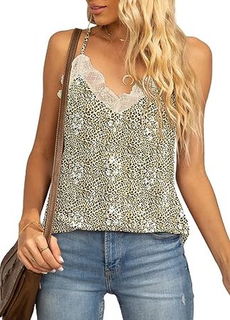 VIISHOW Women's V-Neck Spaghetti Strap Lace Trim Tank Tops Sleeveless Floral Printed Casual Summer Camisole at Amazon Women’s Clothing store