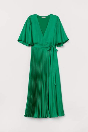 Pleated Satin Dress - Green
