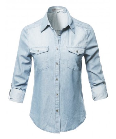 Women's Casual Adjustable Roll Up Sleeves Button Down Chest Pocket Denim Shirt - FashionOutfit.com