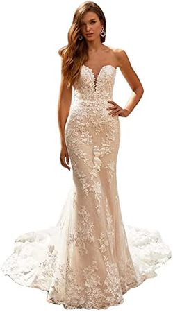 Amazon.com: Dexinyuan Mermaid Wedding Dresses for Bride Lace Sexy Deep V Neck Romantic Simple Sleeveless Tulle Bridal Dresses Champagne 8 : Clothing, Shoes & Jewelry