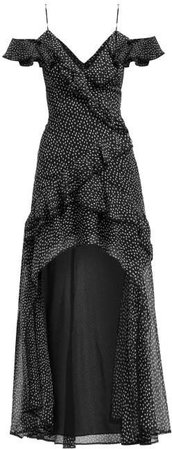 Polka Dot Print Off The Shoulder Silk Maxi Dress - Womens - Black White