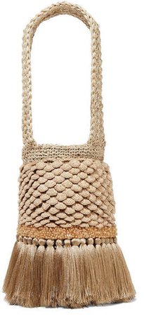 Honey Lavender Tasseled Embellished Crochet And Woven Straw Tote - Sand