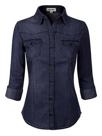 Design by Olivia Women's Roll up Sleeve Button Down Chambray Denim Shirt (S-3XL) Dark Denim S at Amazon Women’s Clothing store