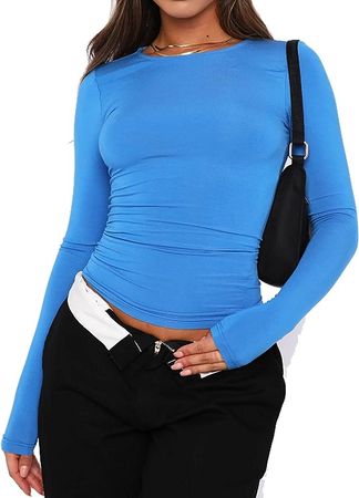 Women's Slim Fit Going Out Crop Tops Casual Solid Color Crew Neck Long Sleeve Tight Tee Shirt Basic Streetwear at Amazon Women’s Clothing store