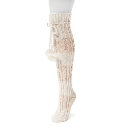 MUK LUKS Women's 1-Pair Knee High Cable Socks Lace Up Pom Pom Pink/White | eBay