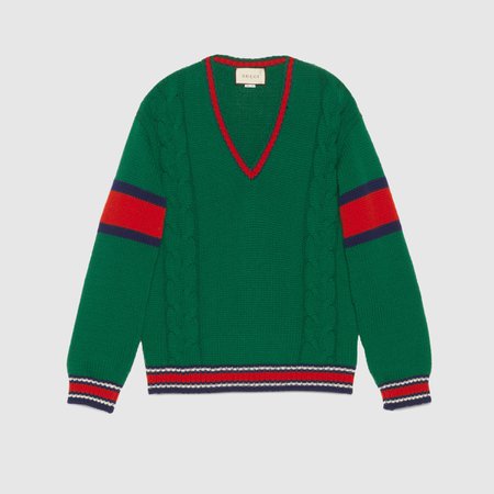 Green Wool Cable Knit V-Neck Sweater | GUCCI® International