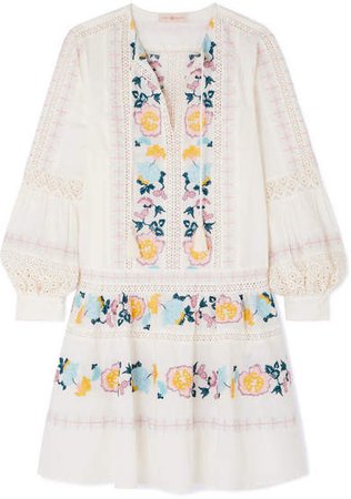 Boho Crochet-trimmed Embroidered Swiss-dot Cotton Mini Dress - Ivory