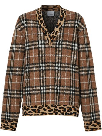 Neutral Burberry Vintage Check Leopard-Trimmed Sweater | Farfetch.com