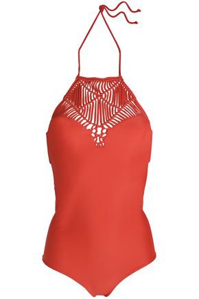 Moorea macramé-paneled cutout halterneck swimsuit | MIKOH | Sale up to 70% off | THE OUTNET