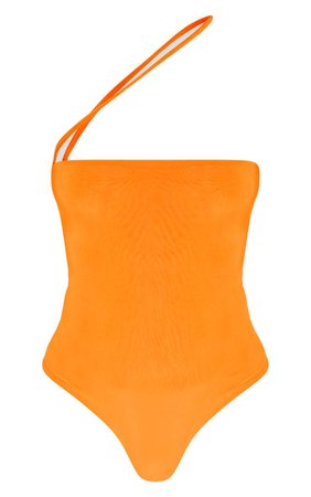 Bright Orange Asymmetric Strap Bandeau Slinky Bodysuit | PrettyLittleThing