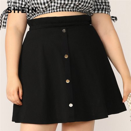 SHEIN Plus Size Black Paperbag Waist Button Up Flare Skirt 2019 Women Summer Casual A Line Solid Big Size Above Knee Mini Skirt|Skirts| - AliExpress