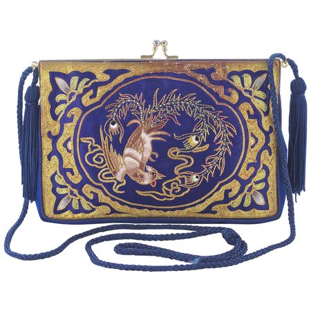 Chinese Blue Silk Embroidered Rooster Design Evening Bag circa 1930s For Sale at 1stDibs