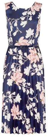 **Luxe Navy Floral Pleated Midi Dress