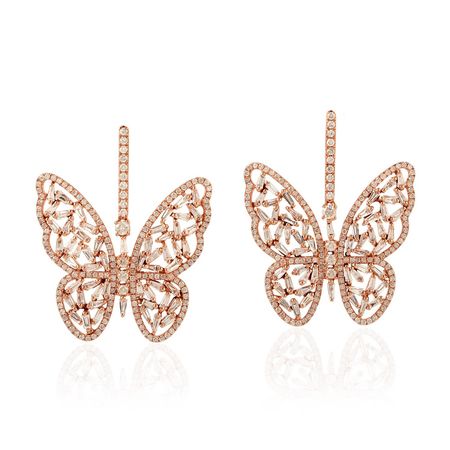 18k Rose Gold Baguette Diamond Butterfly Dangle Earrings Handmade Jewelry | Artisan | Wolf & Badger