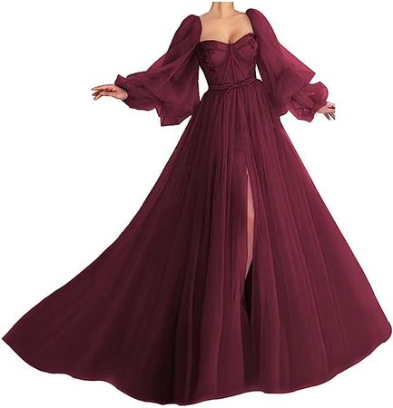 Amazon.com: Women's Puffy Sleeve Prom Dress Ball Gown Tulle Sweetheart Wedding Formal Evening Gowns with Split Burgundy US16: Clothing, Shoes & Jewelry