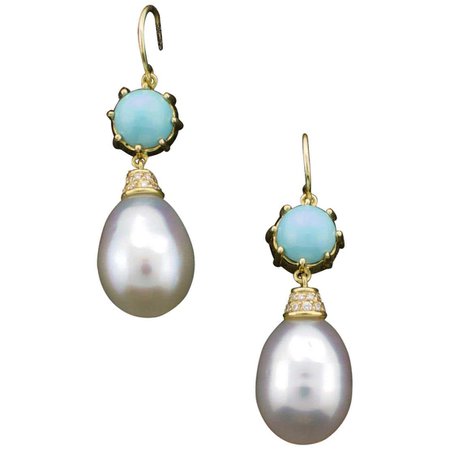 Lovely Dangling South Sea Pearl and Turquoise Earrings in 18 Karat Yellow Gold For Sale at 1stDibs