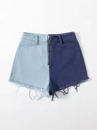 blue O-ring Zipper Fly Raw Hem Colorblock Shorts | SHEIN USA