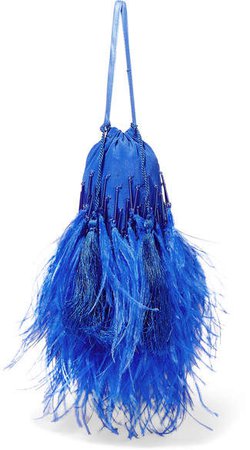 Feather-trimmed Beaded Silk Pouch - Blue