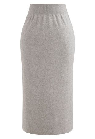 High Waist Ribbed Knit Pencil Skirt in Sand - Retro, Indie and Unique Fashion