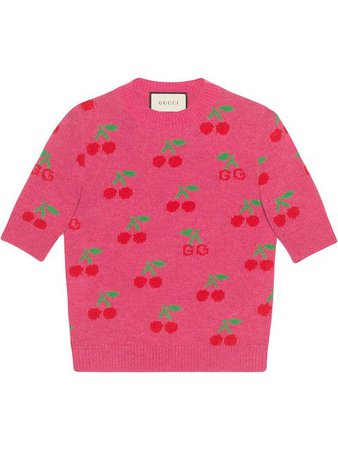 Pink Gucci Knitted Top In Wool With Gg Cherry Jacquard | Farfetch.com