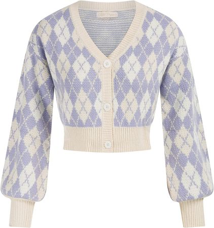 Purple Argyle Sweaters Cardigan Long Sleeve Knit Cropped Y2K Cardigan Holiday XL at Amazon Women’s Clothing store