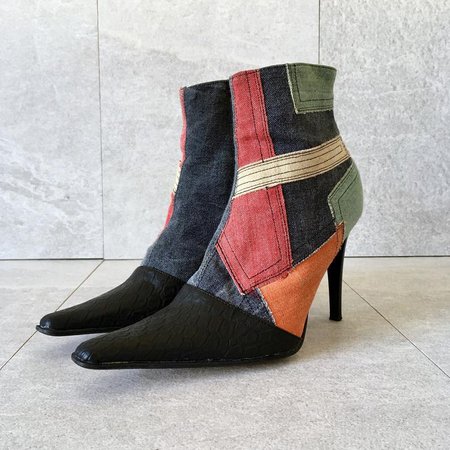90's Patchwork Denim Leather Ankle Boots / Vintage High | Etsy