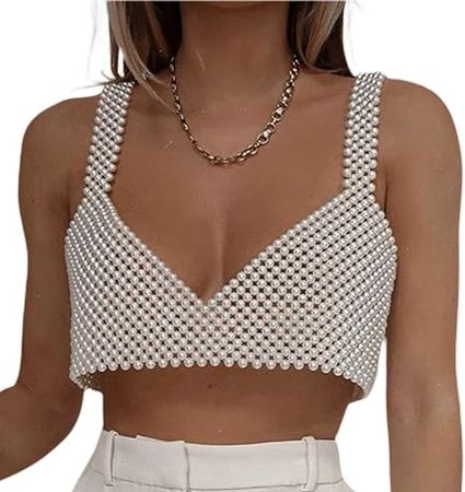 Women Sexy Pearl Beaded Cami Top Clubwear V Neck Spaghetti Strap Pearl Vest Bralette Sexy Backless Camisole Party Crop Top at Amazon Women’s Clothing store
