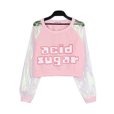 Focal20 Laser Patchwork Sweatshirt Long Sleeve Tee Tops Harajuku Pullover T Shirt Pink at Amazon Women’s Clothing store
