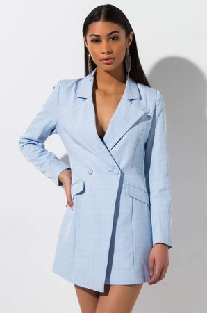 AKIRA Label Plaid Long Sleeve Blazer Mini Dress in Light Blue