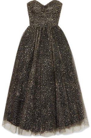 Brie Strapless Ruched Glittered Tulle Gown - Black