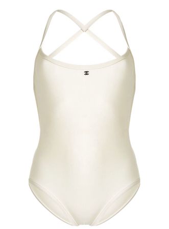 CHANEL 1998 off White Swimsuit Bodysuit CC black logo Sz.L | eBay