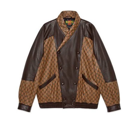 Gucci-Dapper Dan padded bomber in Dark brown leather and light brown leather with ebony GG pattern | Gucci Women's Bomber