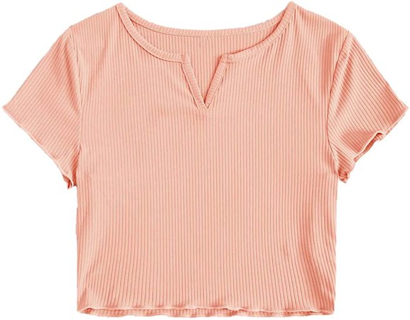 SweatyRocks Women's Solid V Neck Short Sleeve Knit Crop Top Tee Shirts at Amazon Women’s Clothing store
