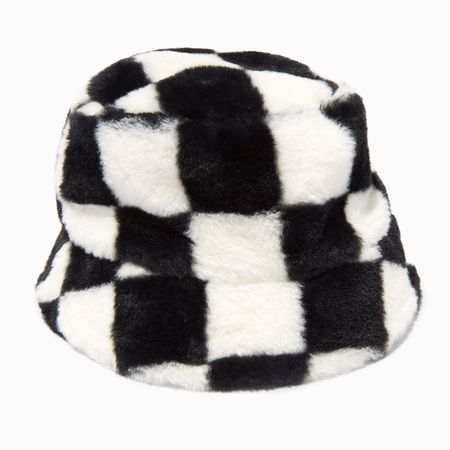 Black & White Checkerboard Plush Bucket Hat | Claire's US