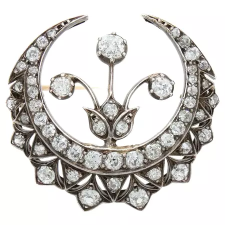 Diamond Crescent and Flower Brooch, Victorian, ca. 1880s For Sale at 1stDibs | pin presidente 15k herbalife, diamond crescent brooch, herbalife 15k pin
