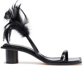 Faux Feather-embellished Leather Slingback Sandals