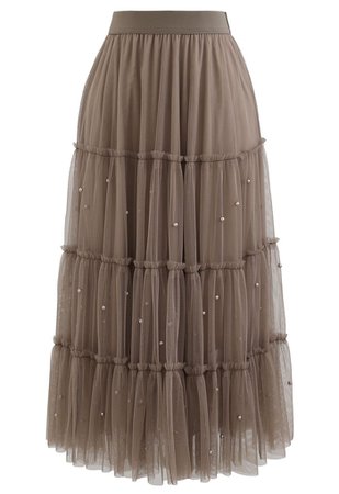 Beads Trim Double-Layered Tulle Mesh Skirt in Brown - Retro, Indie and Unique Fashion