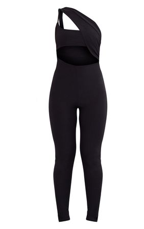 Black One Shoulder Strap Detail Cut Out Jumpsuit | PrettyLittleThing USA