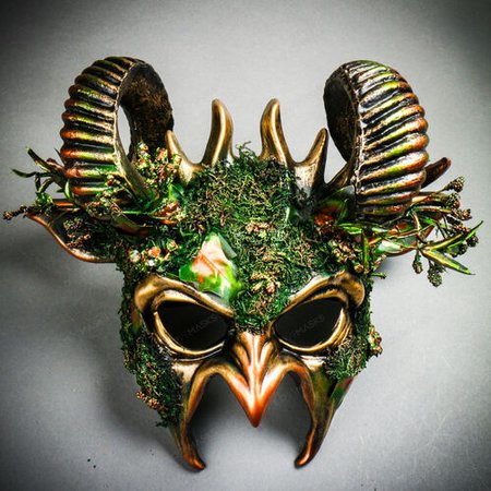 Demon Forest Devil Satan with Curved Ram Horns Masquerade Mask - Black Gold