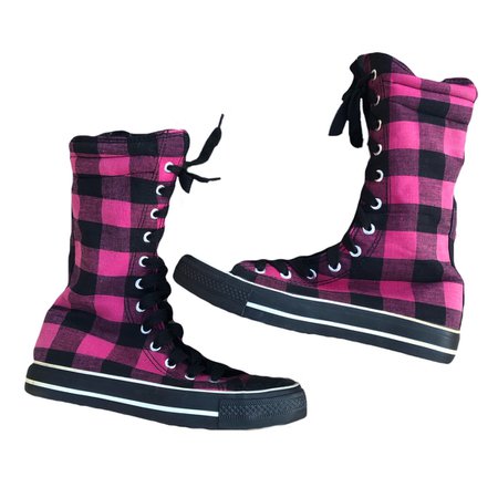 hot pink & black plaid converse style high top sneaker boots