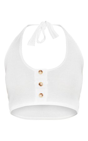 Cream Ribbed Halterneck Button Crop Top | PrettyLittleThing USA