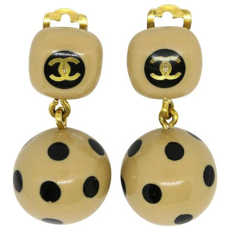 Chanel Tan Black Round Ball Dangle Drop Two Tier Chandelier Earrings in Box For Sale at 1stdibs