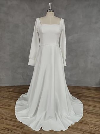 Amazon.com: ALEESHUO Wedding Dress for Bride Satin V Neck Bridal Gown Long Sleeve Sheath Boho Bride Dresses Evening Party Brush Train : Clothing, Shoes & Jewelry