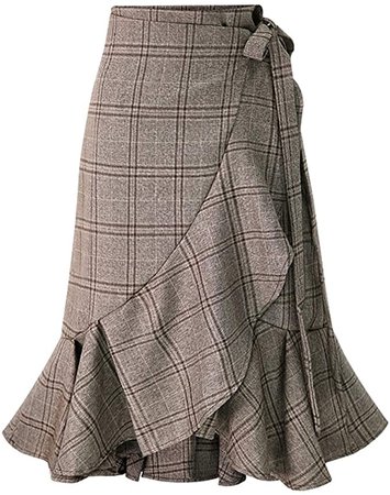 chouyatou Women's Elegant Work Wear Adjustable Waist Flounce A-Line Plaid Midi Wrap Skirt at Amazon Women’s Clothing store