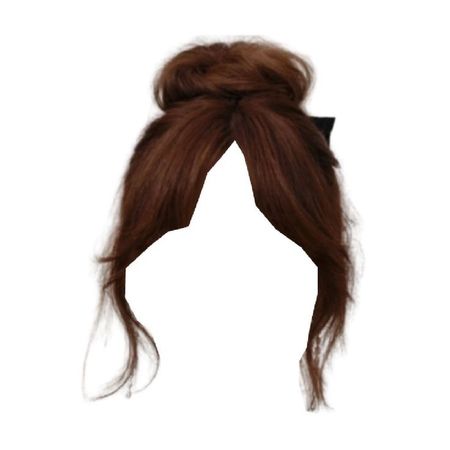 red brown hair high bun updo black bow curtain bangs hairstyle