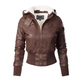 Made by Olivia - Made by Olivia Women's Faux Leather Detachable Hood Sherpa Lining Bomber Jacket Coffee S - Walmart.com