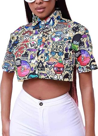 LETSVDO Womens Button Down Shirts Hawaiian Short Sleeve Graphic Cartoon Crop Tops Lapel Pocket Casual Blouse at Amazon Women’s Clothing store