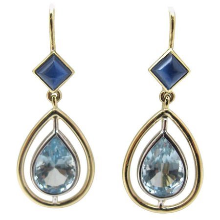 Aquamarine Pear and Sapphire Cabochon, White Gold Bezel Set Wire Dangle Earrings For Sale at 1stDibs