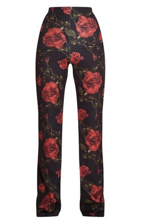 Red Crepe Floral Wide Leg Trouser | Trousers | PrettyLittleThing